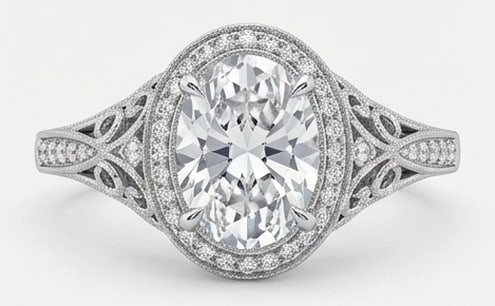 IGI Lab Grown 6.00 Ct Oval Diamond Ring – Vintage Oval Halo with Split Shank Filigree – / in 14K: IGI Certified Lab Grown Diamond Center Stone Color E-F Clarity VVS1-VS1 Side Stone Lab Grown Diamond Beautifully styled, this ring is anchored by a 6.00 carat lab grown Oval center diamond. Featuring