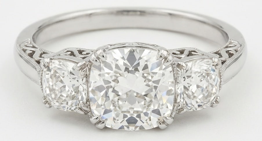 IGI Lab Grown 5.00 Ct Cushion (Old Mine Look) Diamond Ring – Antique Three-Stone Cushion with: IGI Certified Lab Grown Diamond Center Stone Color E-F Clarity VVS1-VS1 Bold yet refined, this design showcases a 5.00 carat lab grown Cushion (Old Mine Look) center diamond. White Gold gives the piec