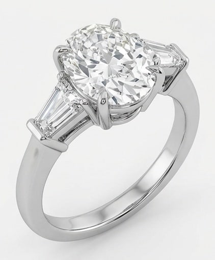 IGI Lab Grown 8.00 Ct Oval Diamond Ring – Modern Three-Stone Oval with Trapezoid Sides – / in: IGI Certified Lab Grown Diamond Center Stone Color E-F Clarity VVS1-VS1 Side Stone Lab Grown Diamond Graceful and eye-catching, this ring is set with a 8.00 carat lab grown Oval center diamond. White