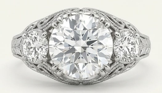 IGI Lab Grown 8.00 Ct Round Brilliant Diamond Ring – Antique Three-Stone Round with Filigree: IGI Certified Lab Grown Diamond Center Stone Color E-F Clarity VVS1-VS1 Side Stone Lab Grown Diamond Chic and distinctive, this ring showcases a 8.00 carat lab grown Round Brilliant center diamond. Wh