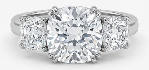 IGI Lab Grown 5.00 Ct Cushion (Modified Brilliant) Diamond Ring Classic Three-Stone Cushion (Cushion: IGI Certified Lab Grown Diamond Center Stone Color E-F Clarity VVS1-VS1 Side Stone Lab Grown Diamond Bold yet refined, this design showcases a 5.00 carat lab grown Cushion (Modified Brilliant) center