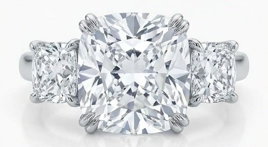 IGI Lab Grown 6.00 Ct Cushion (Modified Brilliant) Diamond Ring Classic Three-Stone Cushion (Simple: IGI Certified Lab Grown Diamond Center Stone Color E-F Clarity VVS1-VS1 Side Stone Lab Grown Diamond Classic with a contemporary edge, this ring spotlights a 6.00 carat lab grown Cushion (Modified Bri