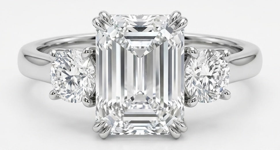 IGI Lab Grown 8.00 Ct Emerald Cut Diamond Ring – Three-Stone Emerald Cut with Round Sides – / in (1 of 2)