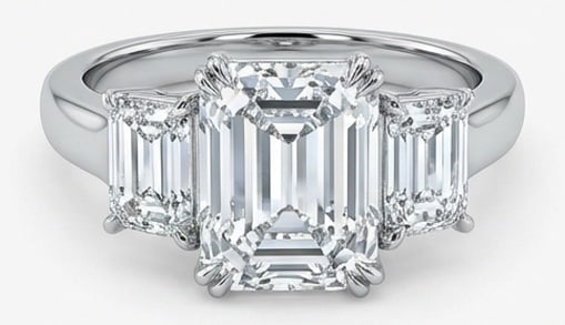 IGI Lab Grown 4.00 Ct Emerald Cut Diamond Ring – Classic Three-Stone Emerald Cut (Stepped) – /: IGI Certified Lab Grown Diamond Center Stone Color E-F Clarity VVS1-VS1 Side Stone Lab Grown Diamond Chic and distinctive, this ring showcases a 4.00 carat lab grown Emerald Cut center diamond. Set in