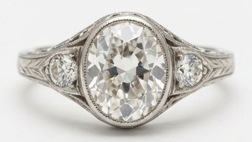 IGI Lab Grown 4.00 Ct Oval Diamond Ring – Vintage Bezel Set Oval Three-Stone – / in 14K White: IGI Certified Lab Grown Diamond Center Stone Color E-F Clarity VVS1-VS1 Side Stone Lab Grown Diamond A timeless statement, this ring highlights a 4.00 carat lab grown Oval center diamond. Featuring Vi