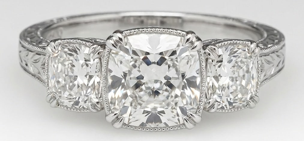 IGI Lab Grown 4.00 Ct Cushion (Old Mine Look) Diamond Ring – Vintage Three-Stone Cushion with: IGI Certified Lab Grown Diamond Center Stone Color E-F Clarity VVS1-VS1 Side Stone Lab Grown Diamond Classic with a contemporary edge, this ring spotlights a 4.00 carat lab grown Cushion (Old Mine Loo
