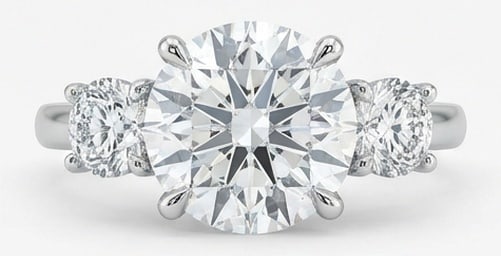 IGI Lab Grown 6.00 Ct Round Brilliant Diamond Ring – Classic Three-Stone Round – / in 14K White: IGI Certified Lab Grown Diamond Center Stone Color E-F Clarity VVS1-VS1 Side Stone Lab Grown Diamond Bold yet refined, this design showcases a 6.00 carat lab grown Round Brilliant center diamond. Set