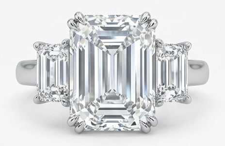 IGI Lab Grown 10.00 Ct Emerald Cut Diamond Ring – Massive Three-Stone Emerald Cut – / in 14K: IGI Certified Lab Grown Diamond Center Stone Color E-F Clarity VVS1-VS1 Side Stone Lab Grown Diamond Designed to stand out, this ring presents a 10.00 carat lab grown Emerald Cut center diamond. White