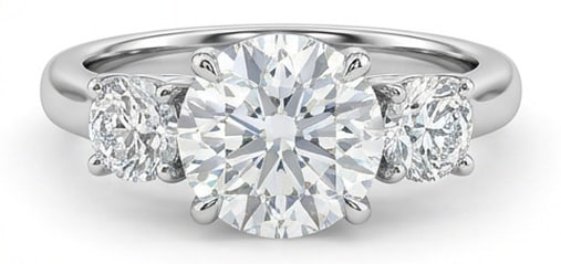 IGI Lab Grown 4.00 Ct Round Brilliant Diamond Ring – Classic Three-Stone Round – / in 14K White: IGI Certified Lab Grown Diamond Center Stone Color E-F Clarity VVS1-VS1 Side Stone Lab Grown Diamond Graceful and eye-catching, this ring is set with a 4.00 carat lab grown Round Brilliant center diam