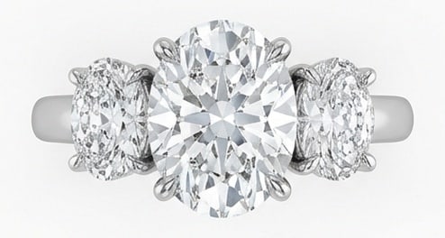 IGI Lab Grown 4.00 Ct Oval Diamond Ring – Three-Stone Oval with Round Sides – / in 14K White: IGI Certified Lab Grown Diamond Center Stone Color E-F Clarity VVS1-VS1 Side Stone Lab Grown Diamond Striking and elegant, this ring features a 4.00 carat lab grown Oval center diamond as the focal po