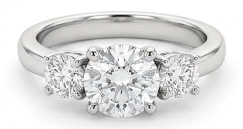 IGI Lab Grown 4.00 Ct Round Brilliant Diamond Ring – Classic Three-Stone Round – / in 14K White: IGI Certified Lab Grown Diamond Center Stone Color E-F Clarity VVS1-VS1 Side Stone Lab Grown Diamond Distinctive in silhouette, this ring centers on a 4.00 carat lab grown Round Brilliant center diamo