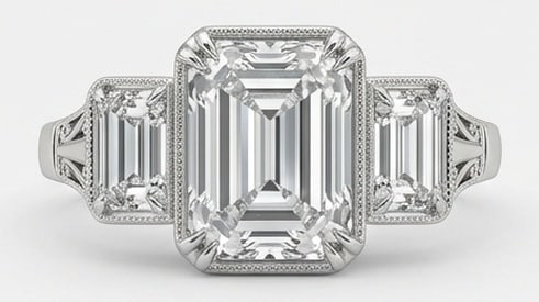 IGI Lab Grown 4.00 Ct Emerald Cut Diamond Ring – Vintage Three-Stone Emerald Cut with Milgrain –: IGI Certified Lab Grown Diamond Center Stone Color E-F Clarity VVS1-VS1 Side Stone Lab Grown Diamond Classic with a contemporary edge, this ring spotlights a 4.00 carat lab grown Emerald Cut center di