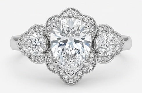 IGI Lab Grown 4.00 Ct Pear Diamond Ring – Ornate scalloped/floral halo three-stone setting with (1 of 3)