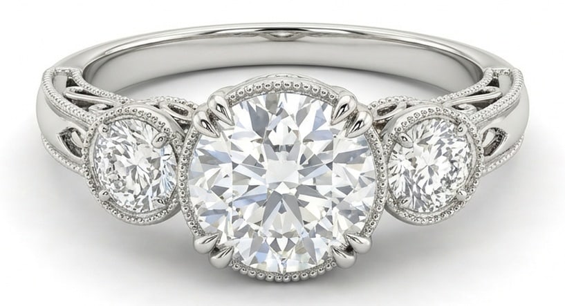 IGI Lab Grown 5.00 Ct Round Diamond Ring – Vintage-style three-stone with filigree scrollwork and: IGI Certified Lab Grown Diamond Center Stone Color E-F Clarity VVS1-VS1 Side Stone Lab Grown Diamond Designed to stand out, this ring presents a 5.00 carat lab grown Round center diamond. White Gold g