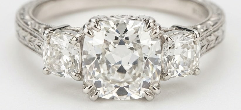 IGI Lab Grown 4.00 Ct Cushion Diamond Ring Vintage three-stone with hand-engraved wheat pattern and: IGI Certified Lab Grown Diamond Center Stone Color E-F Clarity VVS1-VS1 Side Stone Lab Grown Diamond Striking and elegant, this ring features a 4.00 carat lab grown Cushion center diamond as the focal