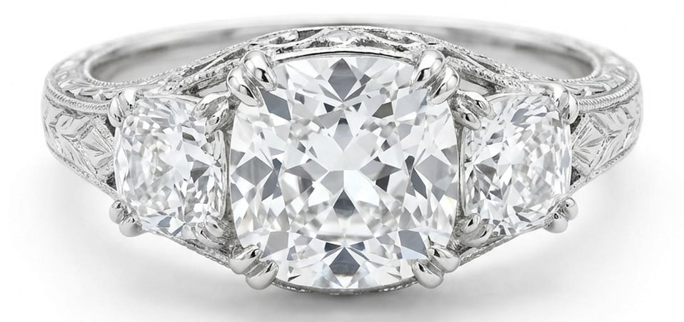 IGI Lab Grown 5.00 Ct Cushion Diamond Ring Vintage three-stone with hand-engraved wheat pattern and: Bold yet refined, this design showcases a 5.00 carat lab grown Cushion center diamond. White Gold gives the piece a refined, neutral foundation for daily wear or events. The overall style follows a vi