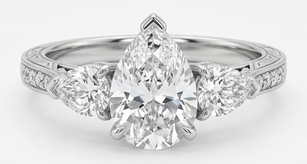 IGI Lab Grown 4.00 Ct Pear Diamond Ring – Three-stone setting with pave diamond band and milgrain (1 of 4)