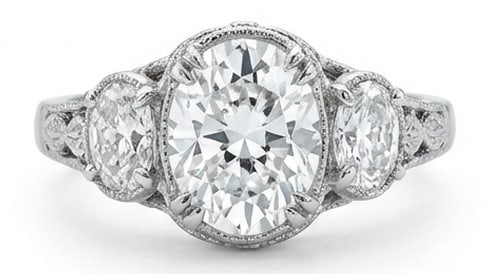 IGI Lab Grown 8.00 Ct Oval Diamond Ring – Vintage three-stone with milgrain bezels and engraved (1 of 4)