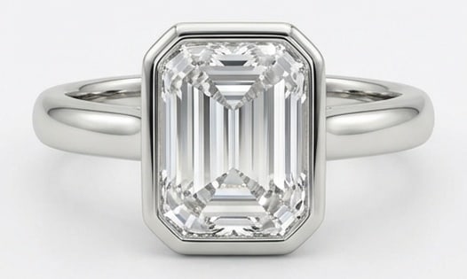 IGI Lab Grown 8.00 Ct Emerald Diamond Ring – Modern solitaire with full bezel setting and plain: IGI Certified Lab Grown Diamond Center Stone Color E-F Clarity VVS1-VS1 Bold yet refined, this design showcases a 8.00 carat lab grown Emerald center diamond. Set in White Gold, the ring is styled wit