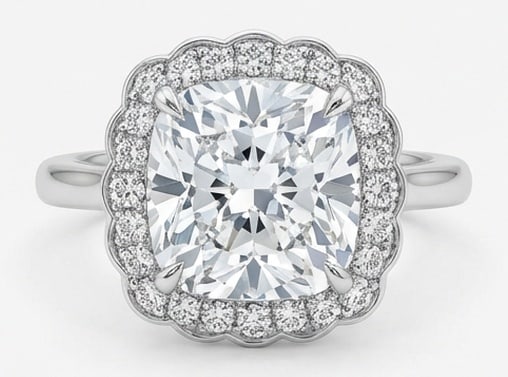IGI Lab Grown 6.00 Ct Cushion Diamond Ring – Solitaire with scalloped floral diamond halo and: IGI Certified Lab Grown Diamond Center Stone Color E-F Clarity VVS1-VS1 Side Stone Lab Grown Diamond Distinctive in silhouette, this ring centers on a 6.00 carat lab grown Cushion center diamond. Feat