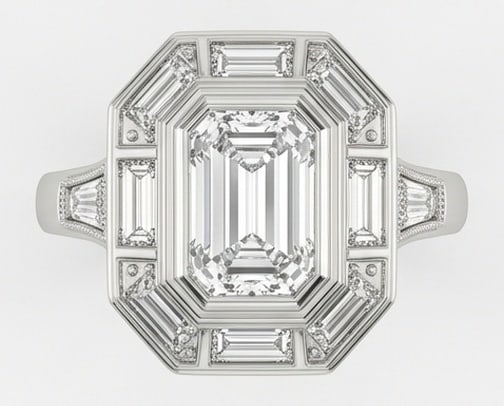 IGI Lab Grown 2.00 Ct Emerald Diamond Ring Art Deco architectural setting with baguette diamond halo: IGI Certified Lab Grown Diamond Center Stone Color E-F Clarity VVS1-VS1 Side Stone Lab Grown Diamond Classic with a contemporary edge, this ring spotlights a 2.00 carat lab grown Emerald center diamon