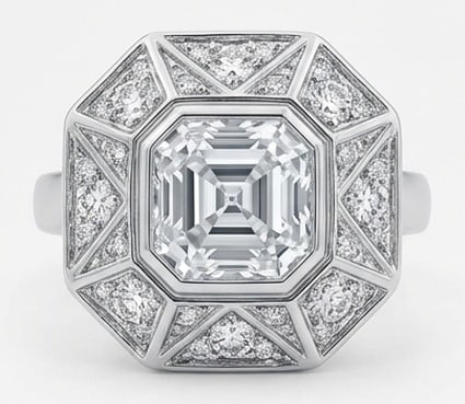 IGI Lab Grown 4.00 Ct Asscher Diamond Ring – Art Deco octagonal target ring with bezel setting and: IGI Certified Lab Grown Diamond Center Stone Color E-F Clarity VVS1-VS1 Side Stone Lab Grown Diamond Beautifully styled, this ring is anchored by a 4.00 carat lab grown Asscher center diamond. Featuri