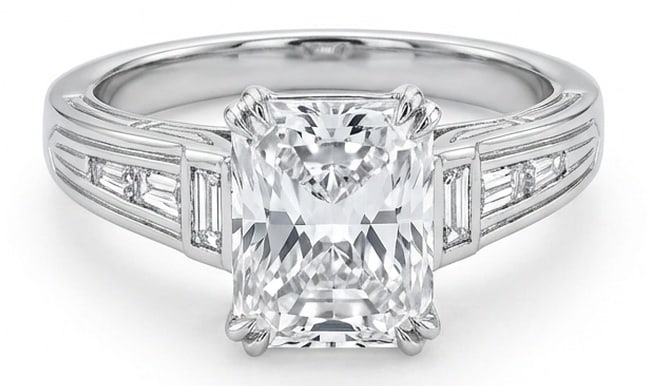 IGI Lab Grown 5.00 Ct Radiant Diamond Ring – Art Deco inspired setting with channel-set baguette: IGI Certified Lab Grown Diamond Center Stone Color E-F Clarity VVS1-VS1 Side Stone Lab Grown Diamond Striking and elegant, this ring features a 5.00 carat lab grown Radiant center diamond as the focal