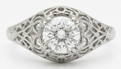 IGI Lab Grown 3.00 Ct Round Diamond Ring – Antique-style filigree dome setting with bezel set: IGI Certified Lab Grown Diamond Center Stone Color E-F Clarity VVS1-VS1 Bold yet refined, this design showcases a 3.00 carat lab grown Round center diamond. White Gold gives the piece a refined, neutr