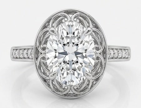 IGI Lab Grown 4.00 Ct Oval Diamond Ring – Vintage oval setting with intricate openwork scroll halo: IGI Certified Lab Grown Diamond Center Stone Color E-F Clarity VVS1-VS1 Side Stone Lab Grown Diamond A timeless statement, this ring highlights a 4.00 carat lab grown Oval center diamond. Featuring Vi