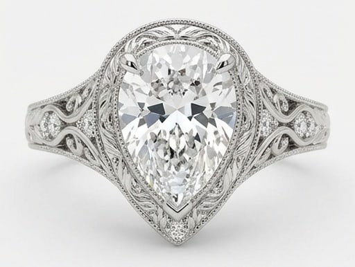 IGI Lab Grown 5.00 Ct Pear Diamond Ring – Vintage solitaire with elaborate filigree shoulders and (1 of 4)