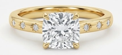 IGI Lab Grown 4.00 Ct Cushion Diamond Ring Modern solitaire with flush-set starburst diamond accents: IGI Certified Lab Grown Diamond Center Stone Color E-F Clarity VVS1-VS1 Side Stone Lab Grown Diamond Graceful and eye-catching, this ring is set with a 4.00 carat lab grown Cushion center diamond. Yel