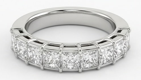 Lab Grown 3.00 Ct Princess Diamond Ring – Eternity-style wedding band with semi-bezel/bar set: Classic with a contemporary edge, this ring spotlights a 3.00 carat lab grown Princess center diamond. Set in White Gold, the ring is styled with eternity-style wedding band with semi-bezel bar set sq