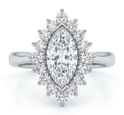 IGI Lab Grown 3.00 Ct Marquise Diamond Ring – Starburst halo setting with marquise center and: IGI Certified Lab Grown Diamond Center Stone Color E-F Clarity VVS1-VS1 Side Stone Lab Grown Diamond Sophisticated and modern, this ring is defined by a 3.00 carat lab grown Marquise center diamond as