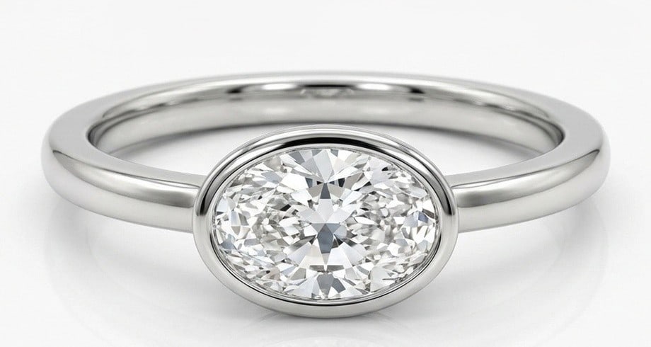 IGI Lab Grown 2.00 Ct Oval Diamond Ring Modern East-West full bezel setting with plain rounded band: IGI Certified Lab Grown Diamond Center Stone Color E-F Clarity VVS1-VS1 Classic with a contemporary edge, this ring spotlights a 2.00 carat lab grown Oval center diamond. White Gold gives the piece a