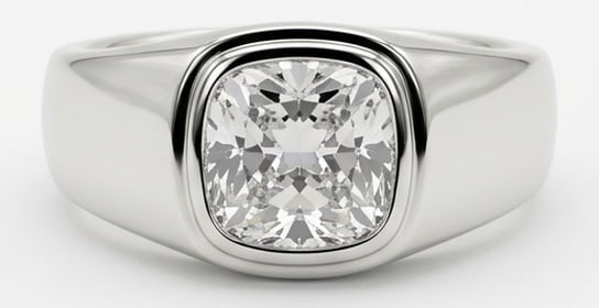 IGI Lab Grown 4.00 Ct Cushion Diamond Ring – Modern heavy "gypsy" style bezel setting with smooth: IGI Certified Lab Grown Diamond Center Stone Color E-F Clarity VVS1-VS1 A timeless statement, this ring highlights a 4.00 carat lab grown Cushion center diamond. Featuring Modern heavy "gypsy" style b