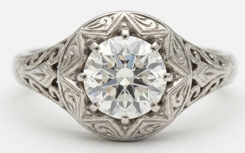 Lab Grown 2.00 Ct Round Brilliant Diamond Ring – Vintage Star-Set Solitaire with Filigree – / in (1 of 4)