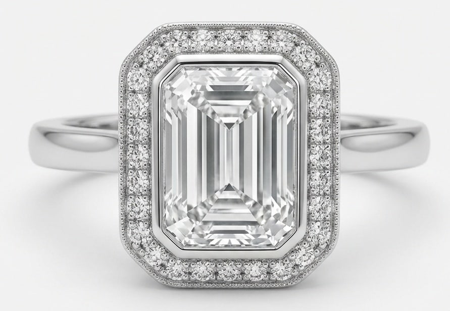 Lab Grown 6.00 Ct Emerald Cut Diamond Ring – Modern Bezel Set Halo – / in 14K White Gold (1 of 4)
