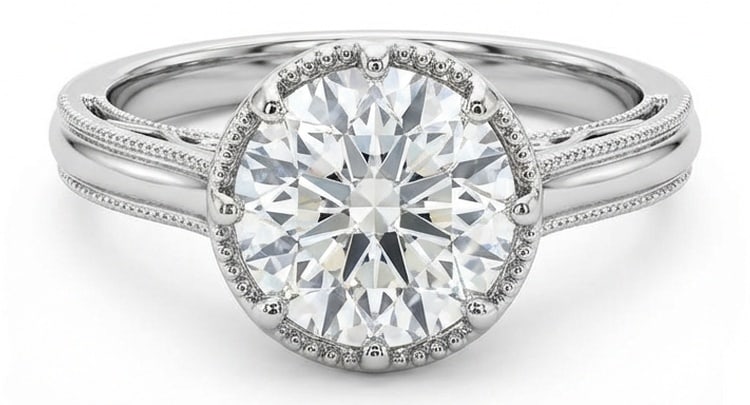 Lab Grown 4.00 Ct Round Brilliant Diamond Ring – Vintage Milgrain Semi-Bezel Solitaire – / in (1 of 4)