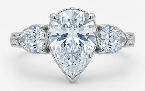 Lab Grown 5.00 Ct Pear Shape Diamond Ring – Vintage Three-Stone Pear with Milgrain – / in 14K: Striking and elegant, this ring features a 5.00 carat lab grown Pear Shape center diamond as the focal point. The vintage three-stone pear with milgrain design is paired with White Gold for a sleek, r