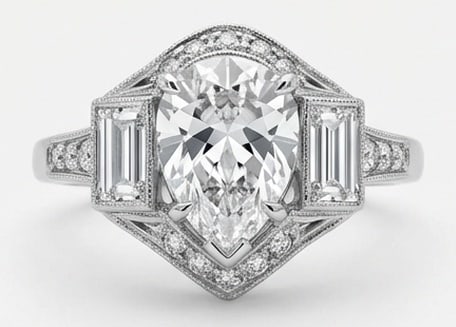 Lab Grown 4.00 Ct Pear Shape Diamond Ring – Art Deco Pear Halo with Baguette Sides – / in 14K: Striking and elegant, this ring features a 4.00 carat lab grown Pear Shape center diamond. Featuring the Art Deco Pear Halo with Baguette Sides styling that frames the centerpiece and shapes the overa