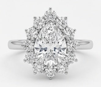 Lab Grown 4.00 Ct Pear Diamond Ring – Pear shape with jagged/sunburst cluster diamond halo – in (1 of 4)