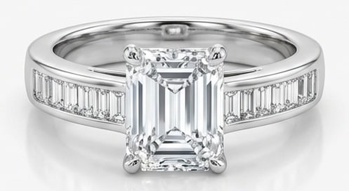 Lab Grown 6.00 Ct Emerald Diamond Ring – Modern architectural setting with channel-set baguette: Sophisticated and modern, this ring is defined by a 6.00 carat lab grown Emerald center diamond. Featuring the Modern architectural setting with channel-set baguette diamond band theme, offering a dis