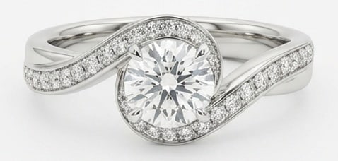 Lab Grown 3.00 Ct Round Diamond Ring – Swirl/bypass setting with pave diamond channel and halo –: Striking and elegant, this ring features a 3.00 carat lab grown Round center diamond. Featuring the Swirl bypass setting with pave diamond channel and halo styling that frames the centerpiece and shap