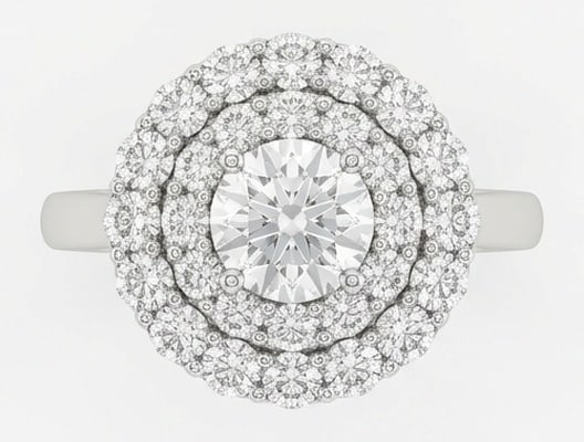 Lab Grown 2.00 Ct Round Diamond Ring – Double floral halo setting with round brilliant center –: Designed to stand out, this ring presents a 2.00 carat lab grown Round center diamond. White Gold gives the piece a refined, neutral foundation for daily wear or events. The overall style follows a do