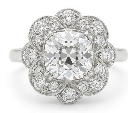 Lab Grown 3.00 Ct Cushion Diamond Ring – Vintage-style floral halo with cushion cut and milgrain: Distinctive in silhouette, this ring centers on a 3.00 carat lab grown Cushion center diamond. Featuring the Vintage-style floral halo with cushion cut and milgrain details design language, giving the