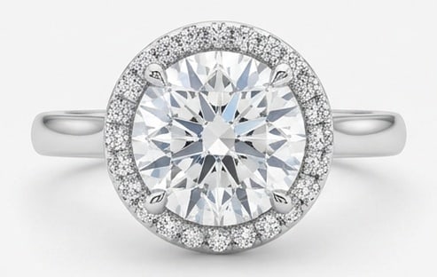 Lab Grown 4.00 Ct Round Diamond Ring – Classic halo setting with micropave diamond rim and plain: Distinctive in silhouette, this ring centers on a 4.00 carat lab grown Round center diamond as the focal point. The classic halo setting with micropave diamond rim and plain band design is paired with