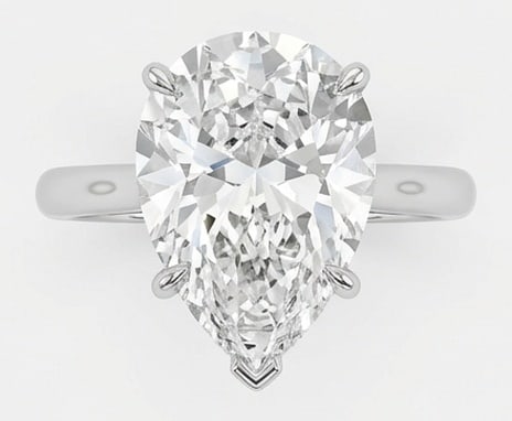 Lab Grown 5.00 Ct Pear Diamond Ring – Classic pear solitaire with V-tip prong and plain band –: Sophisticated and modern, this ring is defined by a 5.00 carat lab grown Pear center diamond. Featuring the Classic pear solitaire with V-tip prong and plain band theme, offering a distinctive top vie