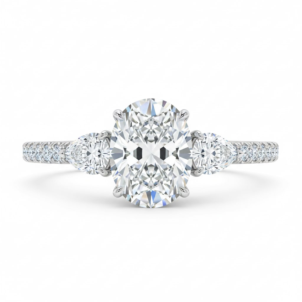 2 CT Natural Oval-Cut Diamond Three-Stone Ring in 14K White Gold, Elegant Diamond Side Stones, IGI (1 of 3)