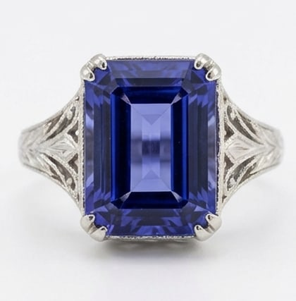 4.0 Ct Emerald Natural Tanzanite 14K White Gold Art Deco Vintage Solitaire Ring Certified: This certified fine jewelry piece features a 4.0 carat natural Tanzanite in a Emerald cut, crafted in 14K White Gold. The Art Deco Vintage Solitaire design highlights the beauty of the natural center 