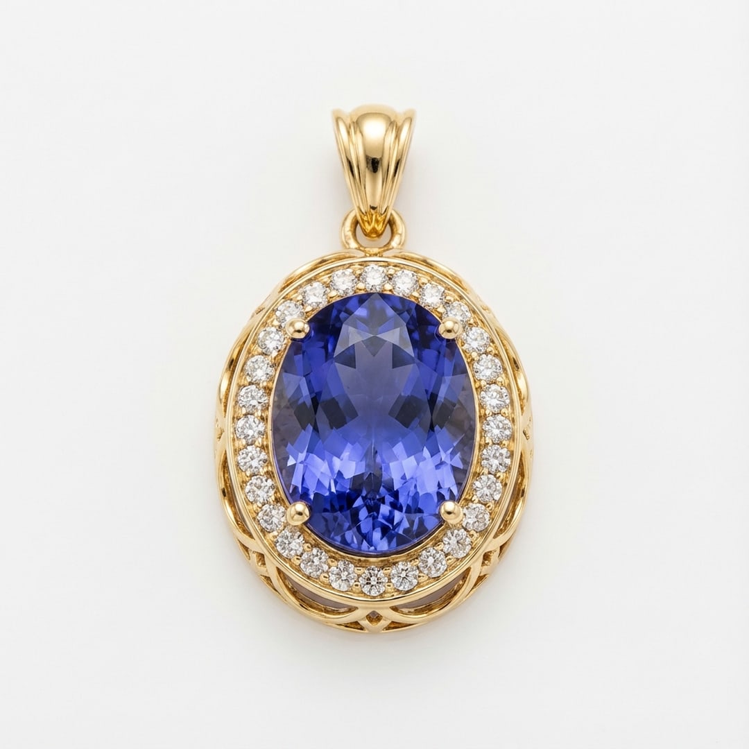 3.0 Ct Oval Natural Tanzanite 14K Yellow Gold Pendant with Halo Certified: This certified fine jewelry piece features a 3.0 carat natural Tanzanite in a Oval cut, crafted in 14K Yellow Gold. The Pendant with Halo design highlights the beauty of the natural center stone. It i